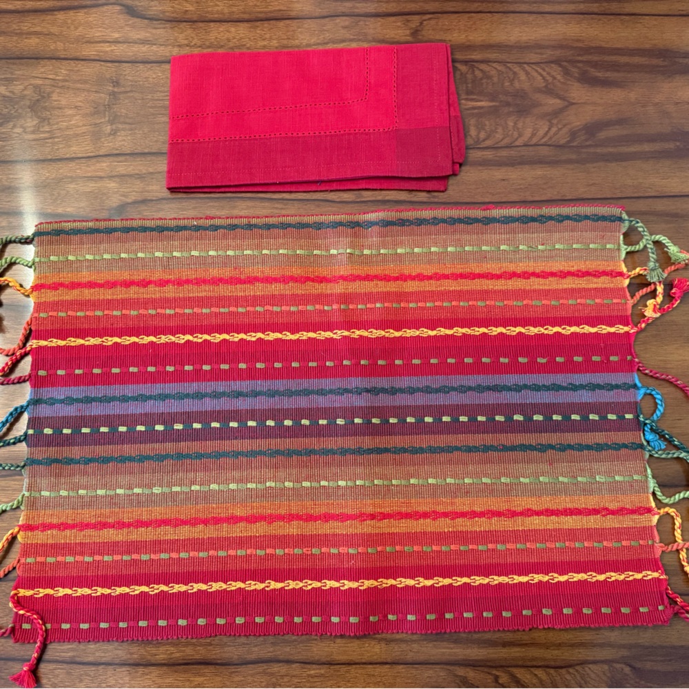 Striped Multicolor Handwoven Table Mat with matching Red Napkin - set of 4